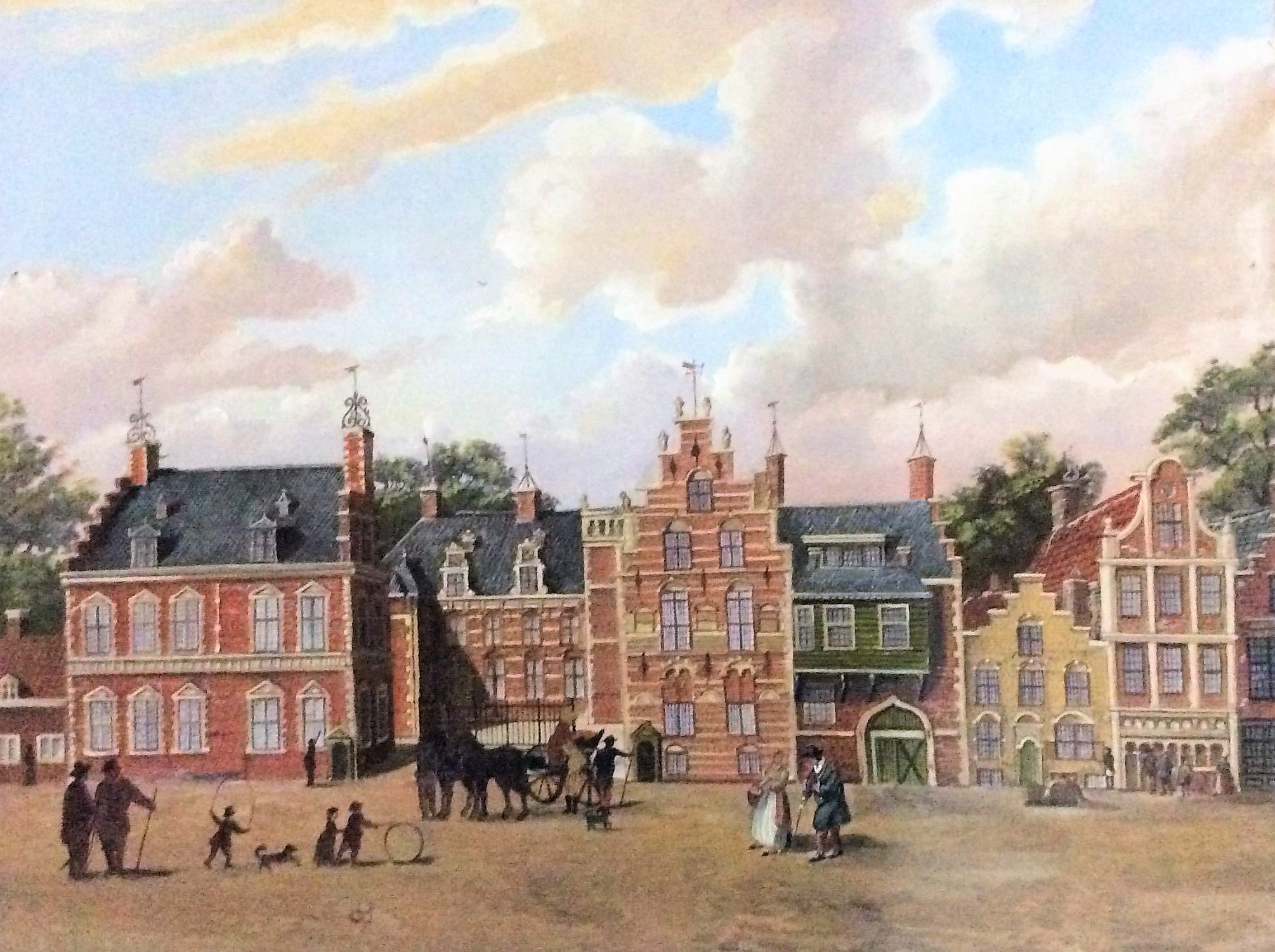 Afbeelding: de huizen waaruit het hof ontstond, schilderstuk van Klaes Posthuma, naar oude ets
